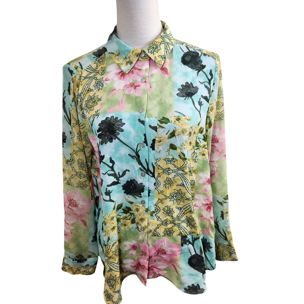 Rose + Olive Womens Floral Patchwork Button Down Shirt Sheer Boho Office Size M
